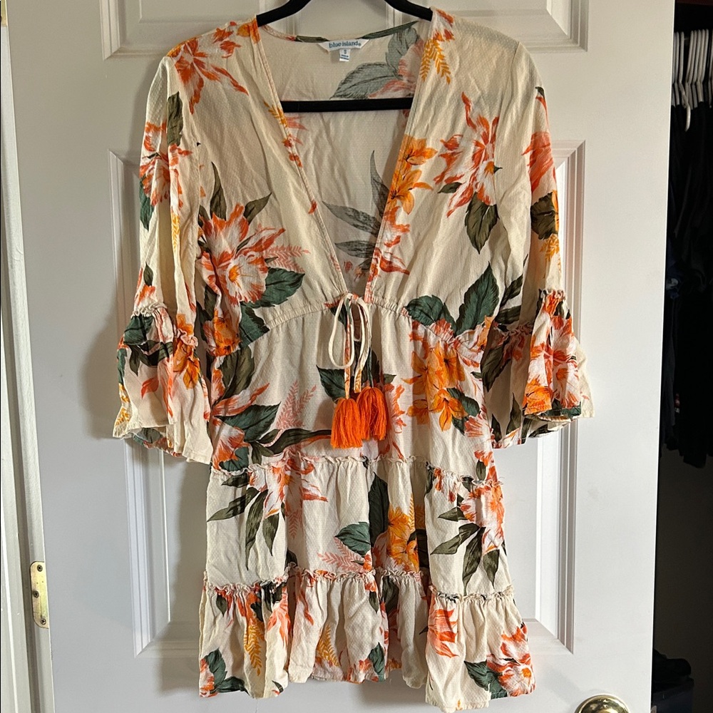 Blue Island Floral Swim Coverup - Cream, Orange, Green Hibiscus Print size Small